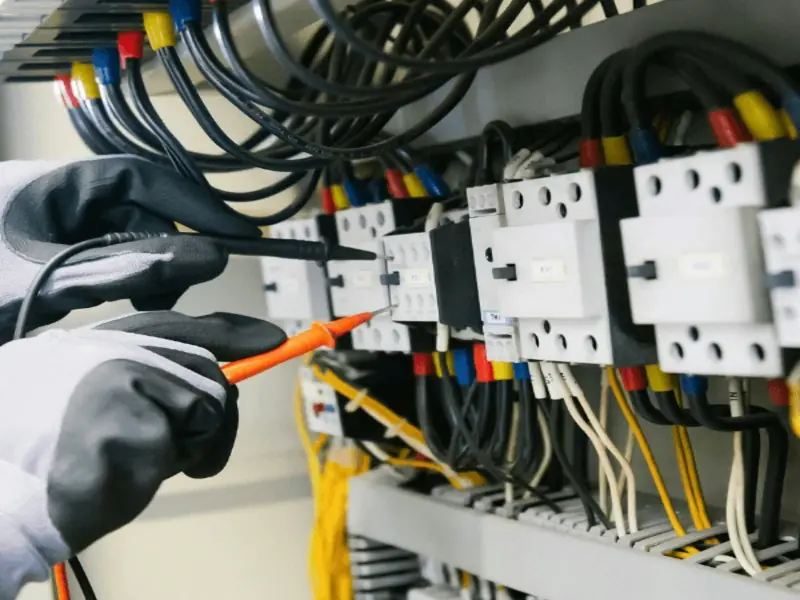 Electricista comprobando un cuadro eléctrico con un medidor